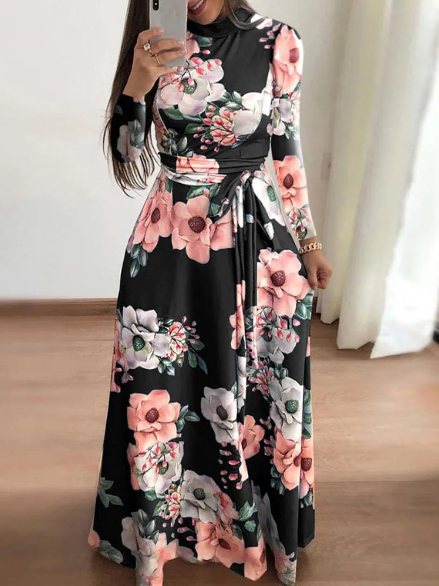 4XL 5XL LW Plus Size Women Autumn & Winter Fashion Elegant Party Dresses Long Sleeve Floral Print A Line Ankle Length Maxi Dress