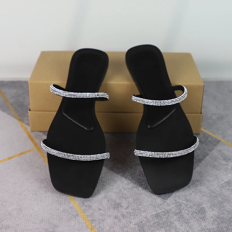 Summer Slippers Fashion Woman Flat Slides New Luxury Designer Sandals Square Toe Casual Shoes for Lady Thin Band Plus Size