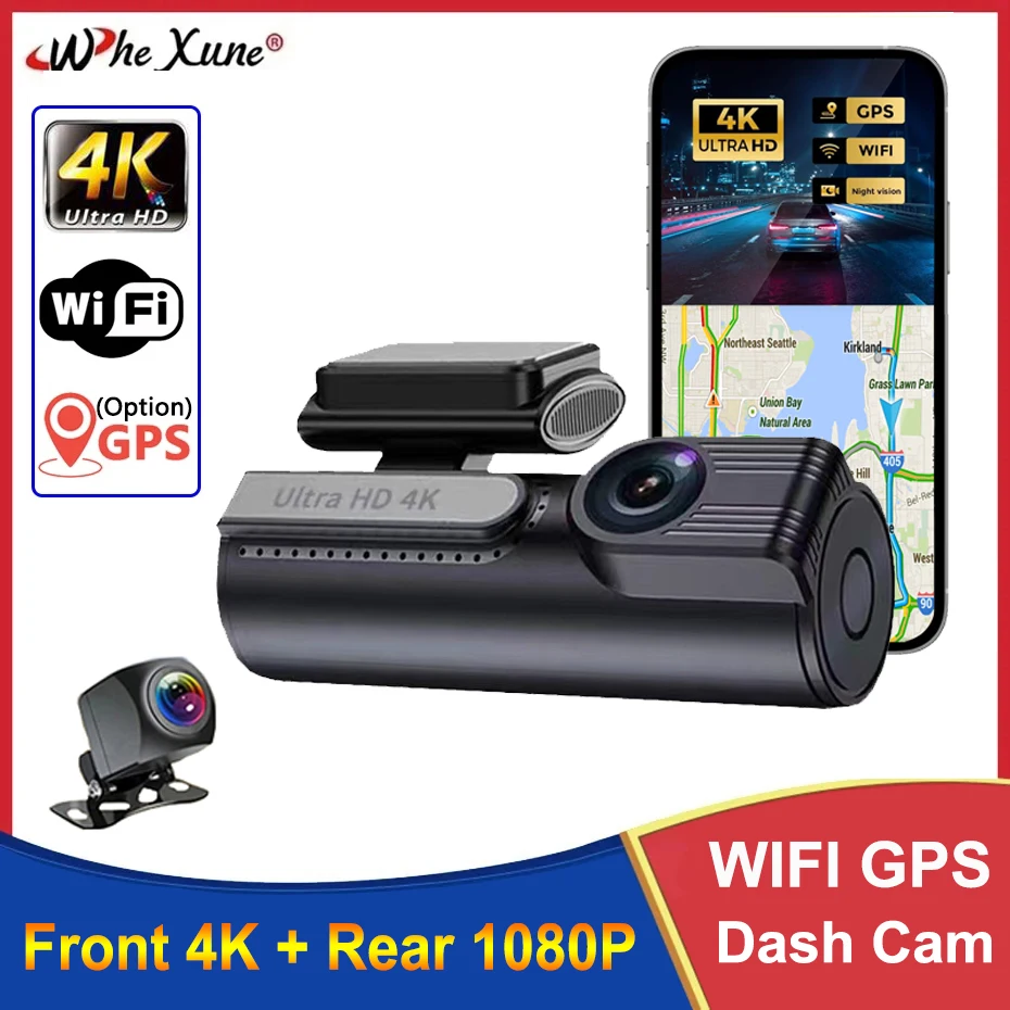 

UHD 4K видеорегистратор с двумя объективами, записью, автомобильный видеорегистратор, камера ночного видения, видеорегистратор, GPS, Wi-Fi, поддержка 24 часа, парковочные автомобильные аксессуары