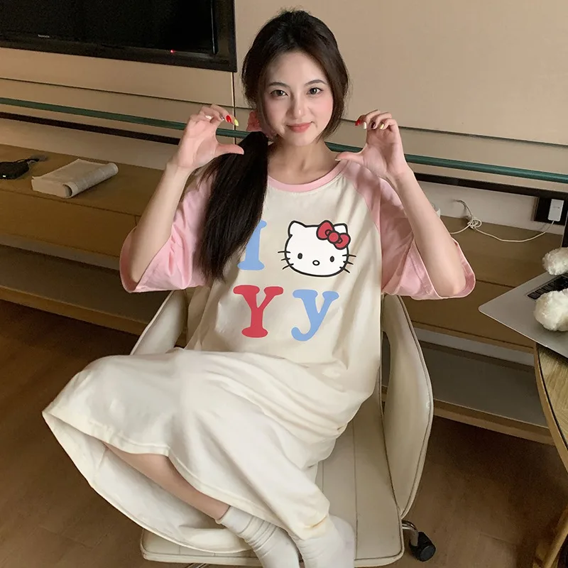 

Summer new pink round neck pure cotton cartoon Hello Kitty short-sleeved pajamas medium and long sweet and cute nightgown