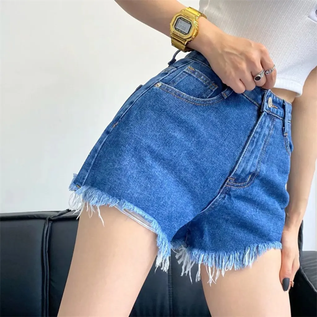 

YPFF Women's High Waist Slimming Denim Shorts Summer Fashion Burr Ripped Straight Loose Wide Leg Hot Pants