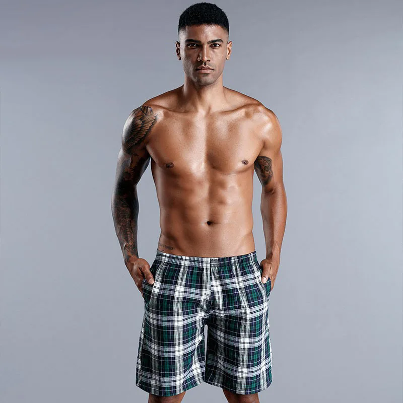 Boxer Men Underwear Cotton Man Shorts Breathable Plaid Woven Short Pants Male Underpants Plus Size Loose Mid-Rise Sleep Bottoms