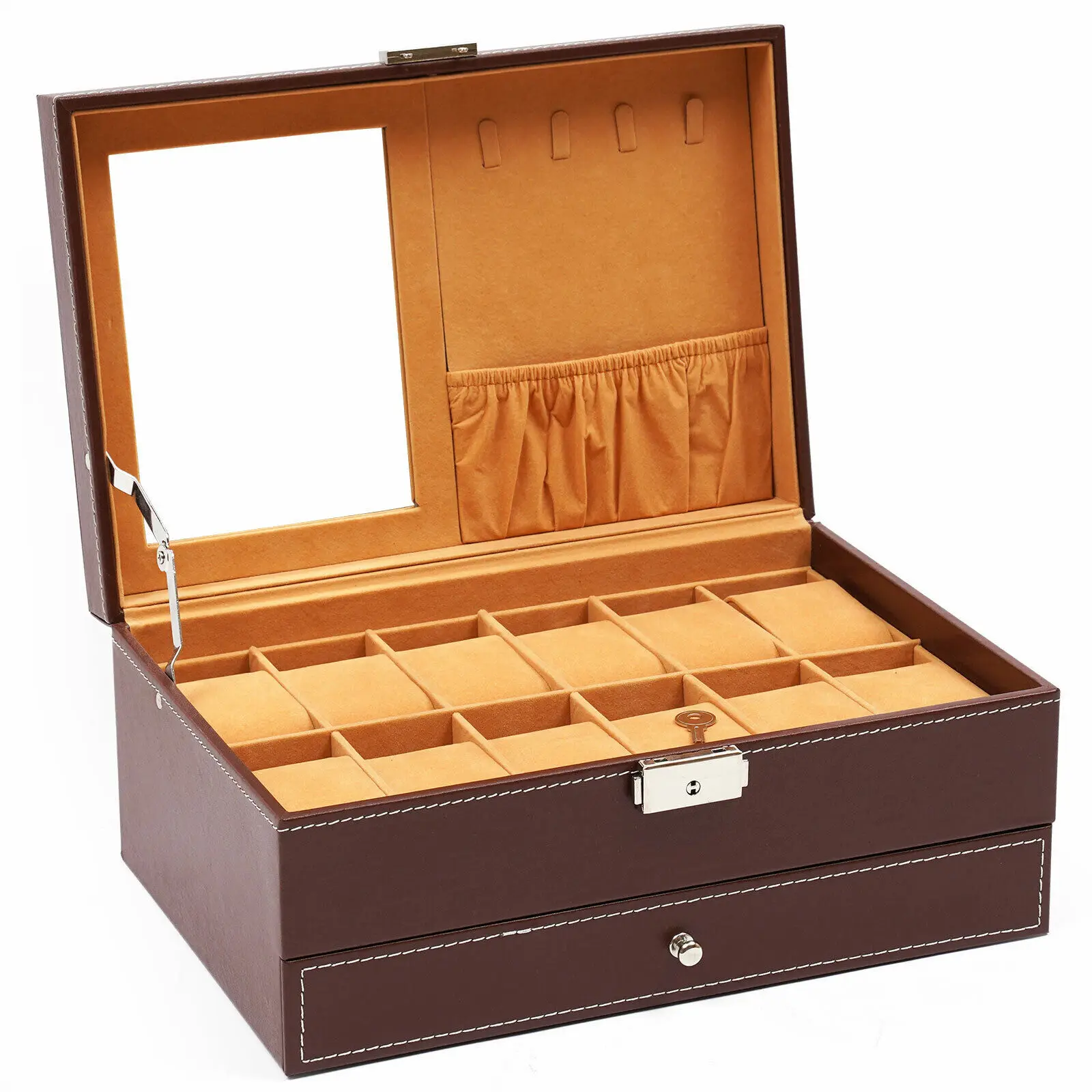 Jewelry Display Watch Box Leather Case Organizer Drawer Storage 2 Tier Velvet Jewelry Box with Lock