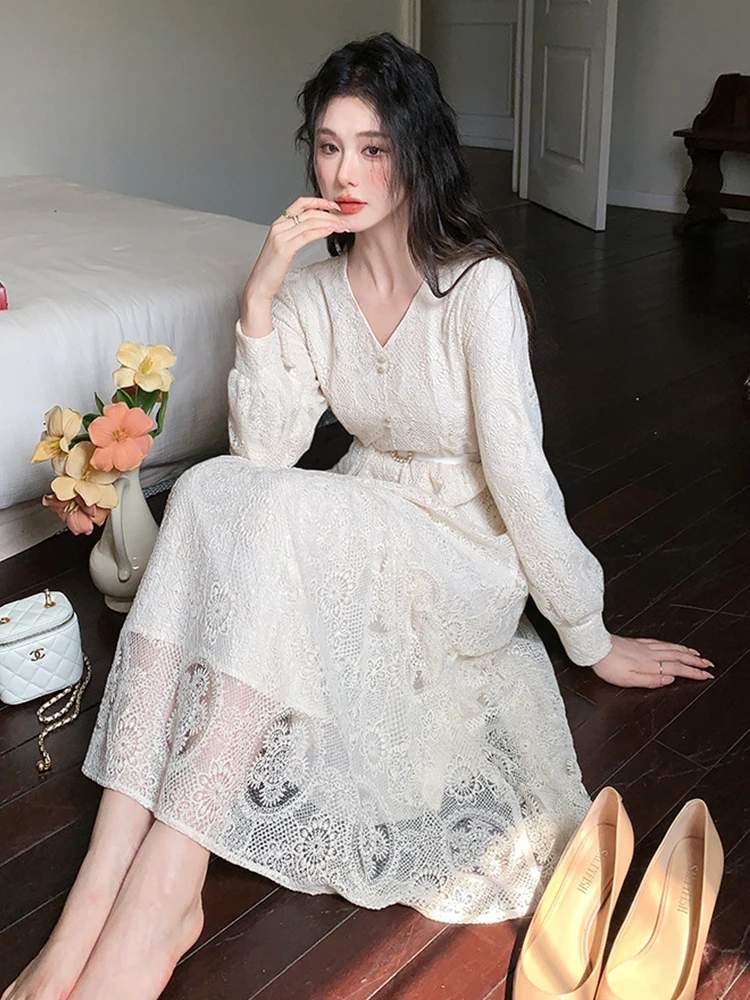 Roupas femininas doce renda flor bordado com decote em v fino a linha vestido longo elegante senhora moda vestidos robe casual outono coreano