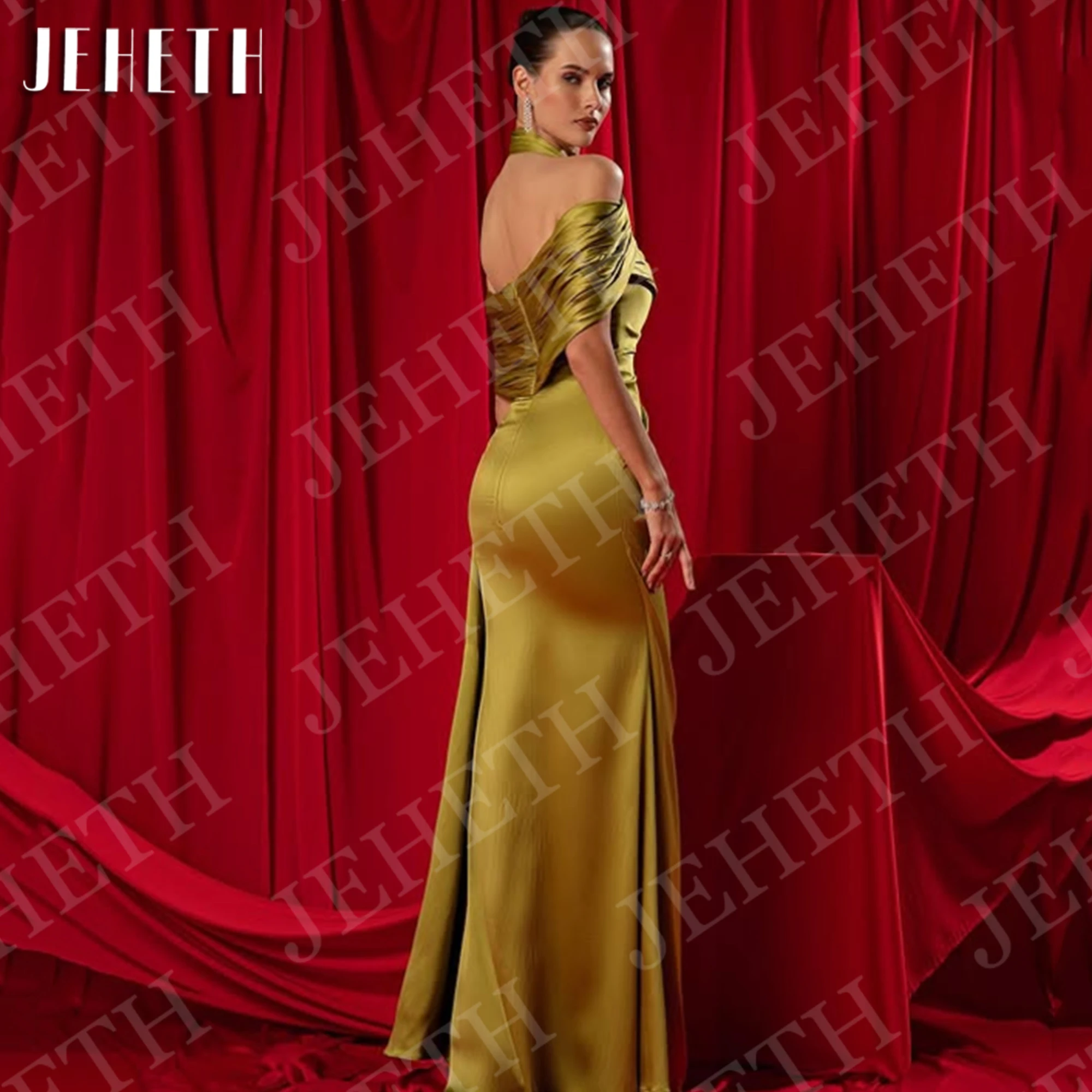 JEHETH Mermaid Prom Dresses 2025 Off Shoulder Women Evening Dress Elegant Satin Saudi Arabia Celebrity Gown Customized Backless image 3