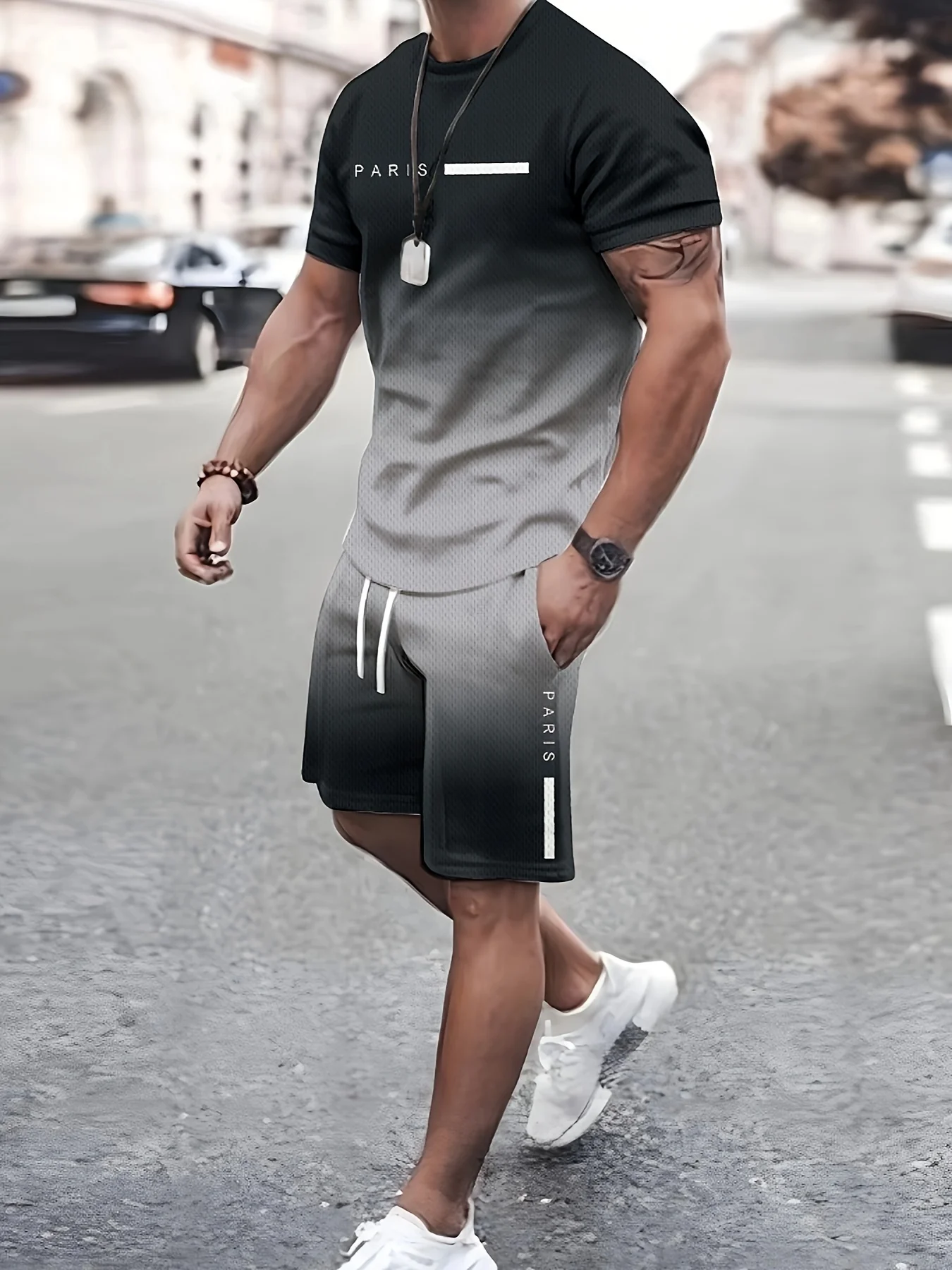 2 Piece Men\'s Fashion Summer Resort Clothing Set, Men\'s Gradient Short Sleeve T-Shirt and Pocket Drawstring Shorts Set