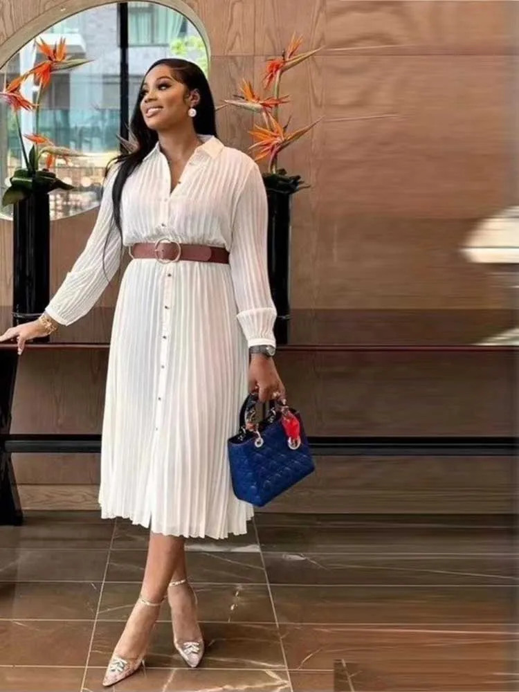 Chic Kleid Elegante Frau Herbst Kleidung Langarm Plissee Kleid mit Gürtel Licht Mid-länge Kleid Großhandel Dropshipping