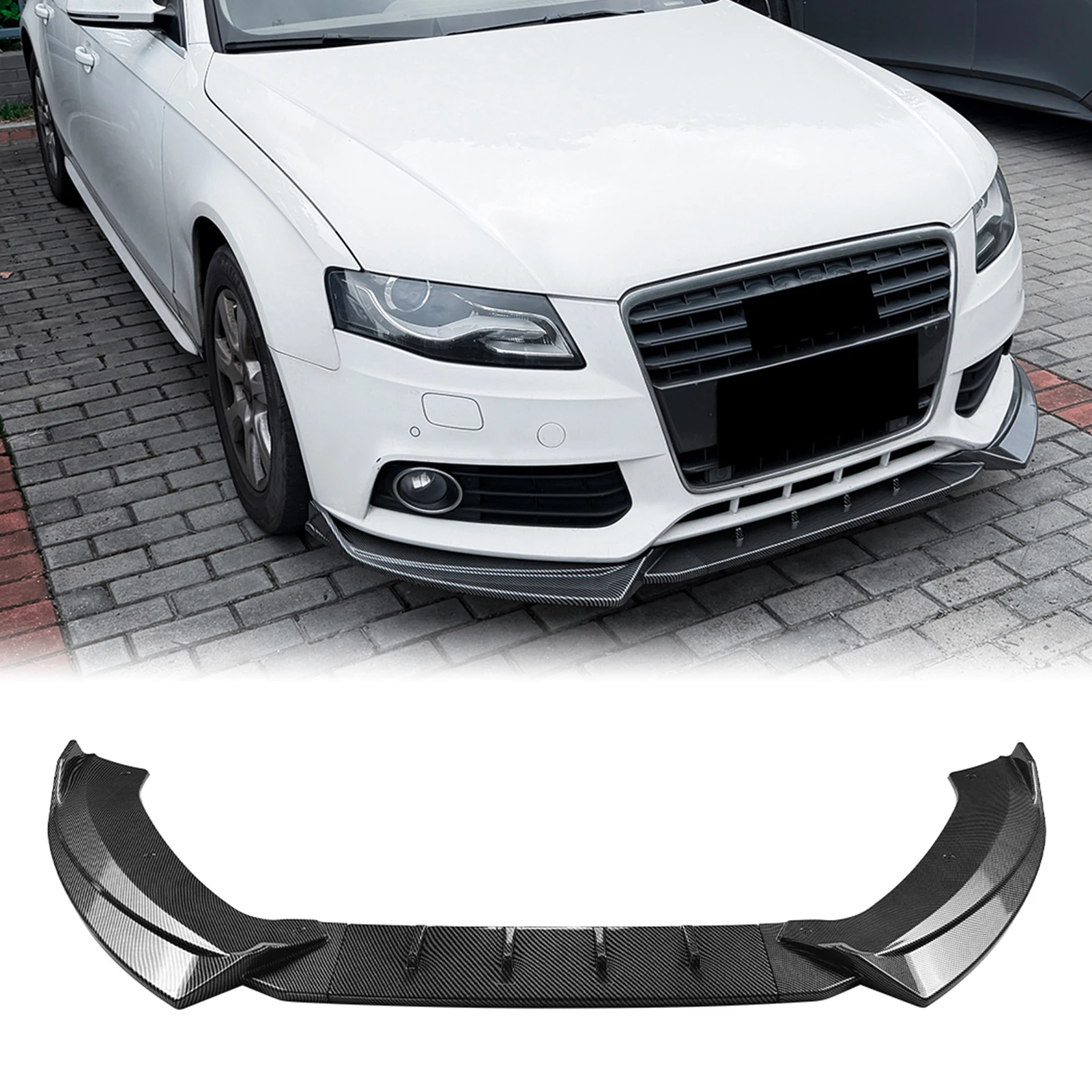 Für Audi A4 B8 Standardversion 2009-2012 Frontstoßstangen-Spoilerlippe Hochglanz Schwarz/Carbon-Optik Unterer Splitter Canards Blade