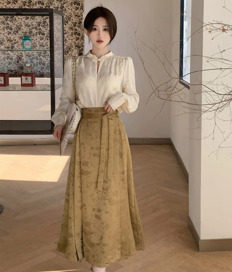 

Early Spring New Chinese Lace Up Jacquard Horse Face Skirt Women's Spring New Half Skirt Retro Top Two Piece Set Female Clothing