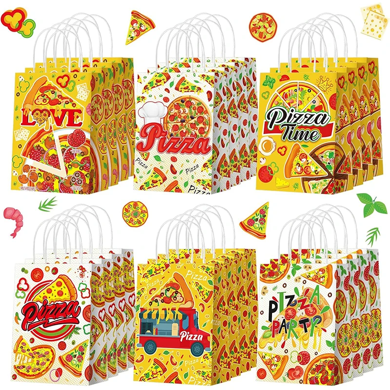 12/24pcs Pizza Themed Party Gift Bags with Handle Cute Pizza Printed Kraft Bags Baby Shower Kids Birthday Party Decor Favors Bag