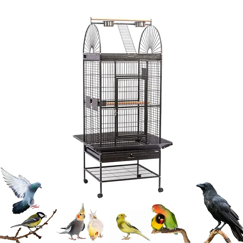 62 Inch Wrought Iron PlayTop Large Bird Flight Cages Aviary With Rolling Stand Storage Shelf