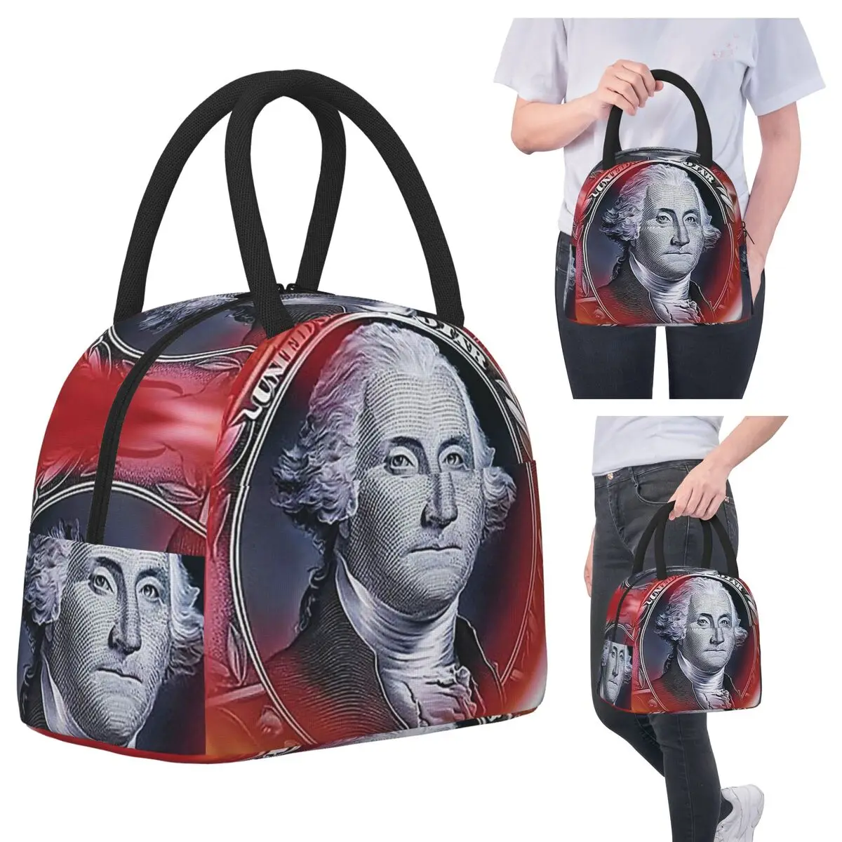 

George Washington And Abraham Lincoln Lunch Bags Insulated Bento Box Portable Lunch Tote Picnic Bags Cooler Bag for Woman Kids