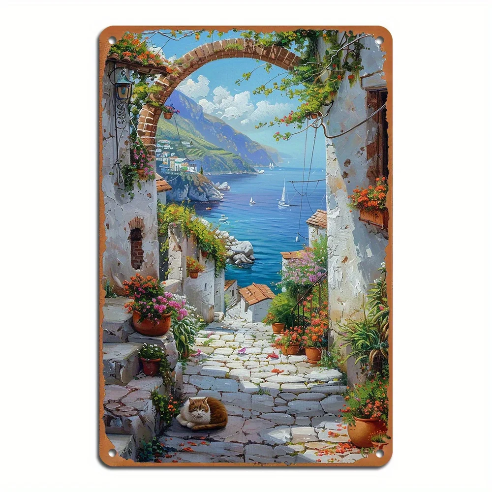Arte de pared metálico vintage con escena de calle de pueblo griego - Letrero y placa decorativa de hierro duradero para el hogar y el bar, diseño rústico con