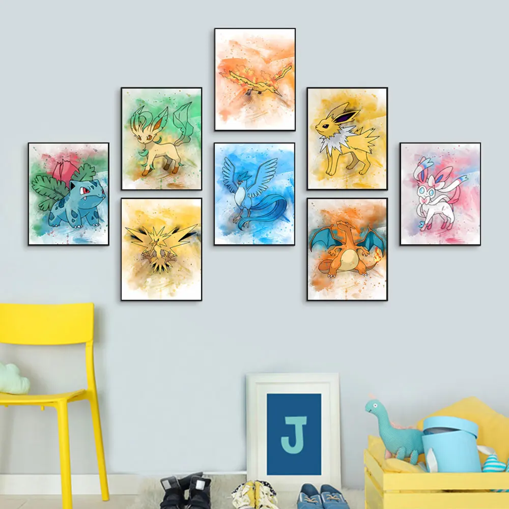 

Classic Anime Peripheral Pokémon Canvas Painting Pikachu Eevee Posters Watercolor Art Wall Decor Free Shipping Mural Cute Gifts