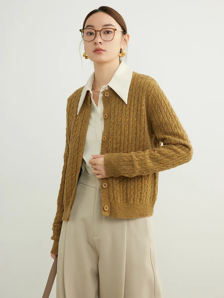 SuyaDream, Women Cables Cardigans, 100%Merino Wool, Round Collar, Solid Chic Sweaters, 2024 Fall Winter Jackets, Camel, Grey