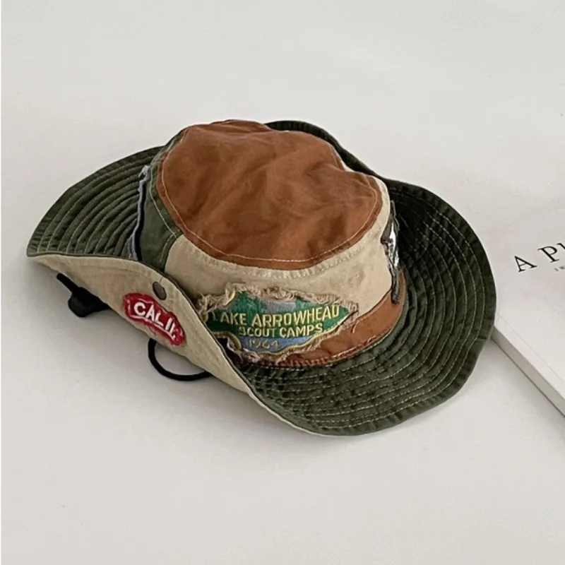 Vintage sticker embroidered bucket hat women's outdoor mountaineering fishing hat men's cowboy hat