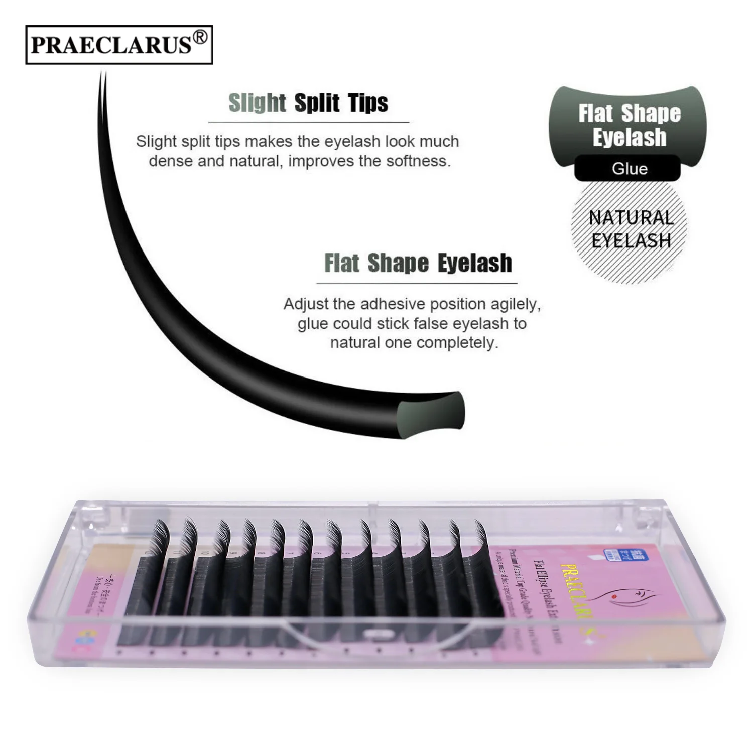 PRAECLARUS-Pestana Individual de Elipse Plana, Curl C D DD, 0,15 0,20, Natural, Suave, Preto, Pontas Dupla, Ellipse, 8-15mm