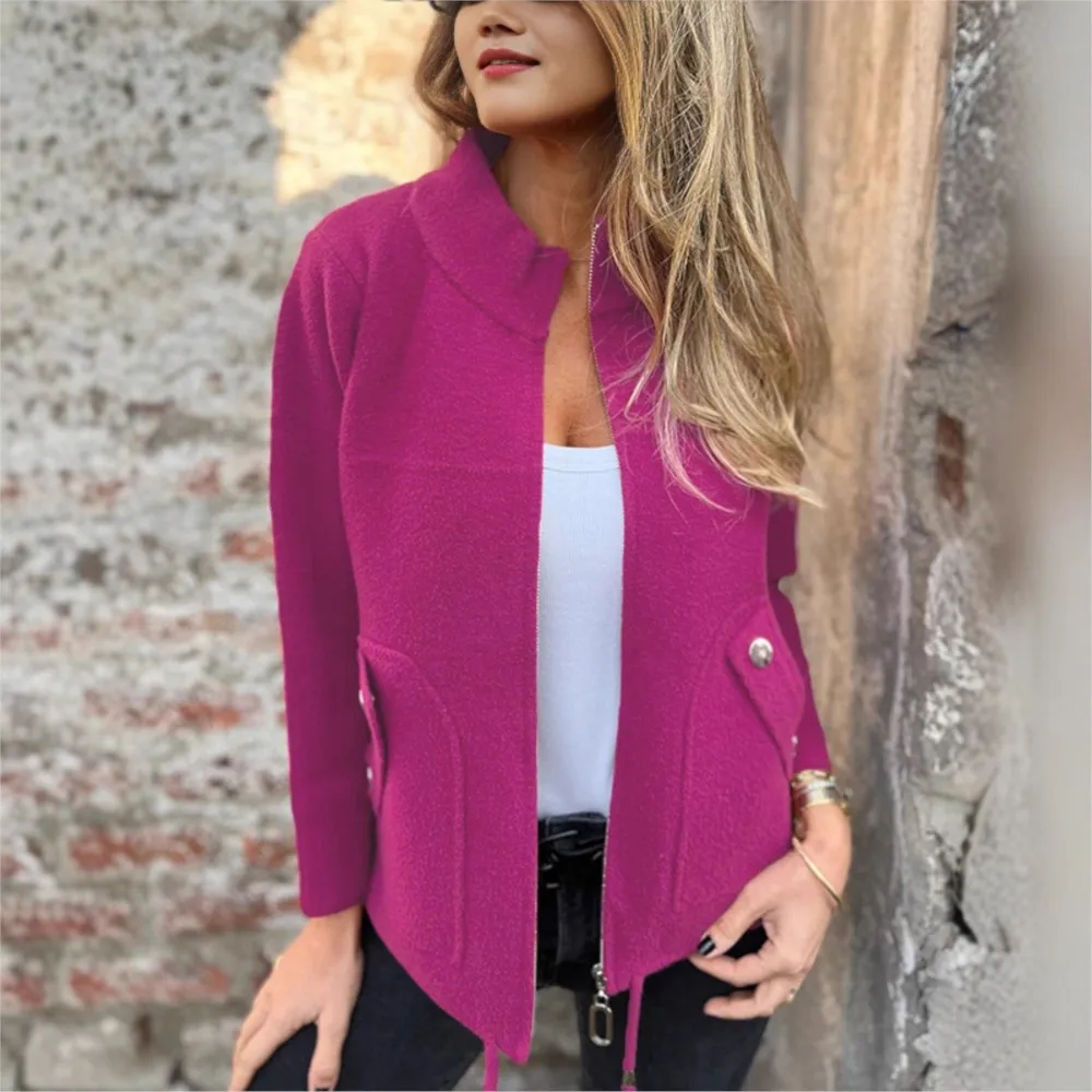 

2025 женские модные куртки, пальто, осень-зима, однотонный повседневный повседневный пиджак с круглым вырезом и длинным рукавом с карманом на молнии