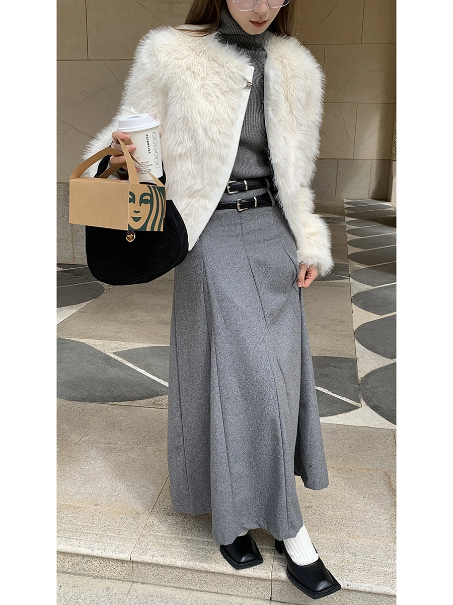 

High Waist A-Line Skirt Women's Autumn Winter ey Wool Slimming Long Skirt G Sle Commute Pure Color Casual Wool Blend