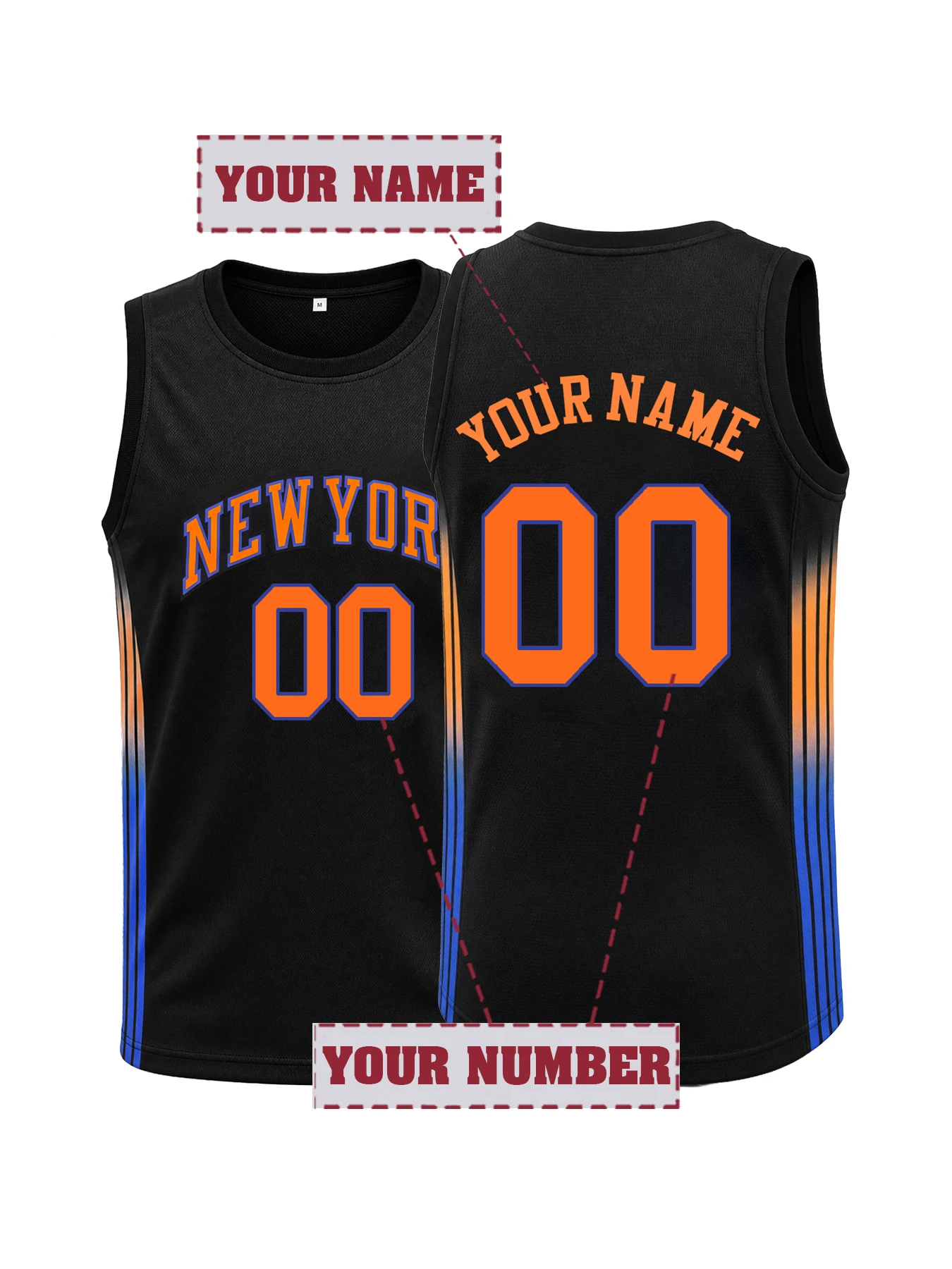 Custom Embroidered New York Basketball Jersey Unisex Personalized Name Number Black Gradient Breathable Tank Top S-3XL