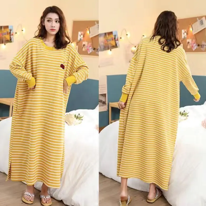 Loose Women's Sleepwear Spring Autumn Long Sleeve Home Clothes Korean Style plus Size Striped Open Split Skirt Comfortable