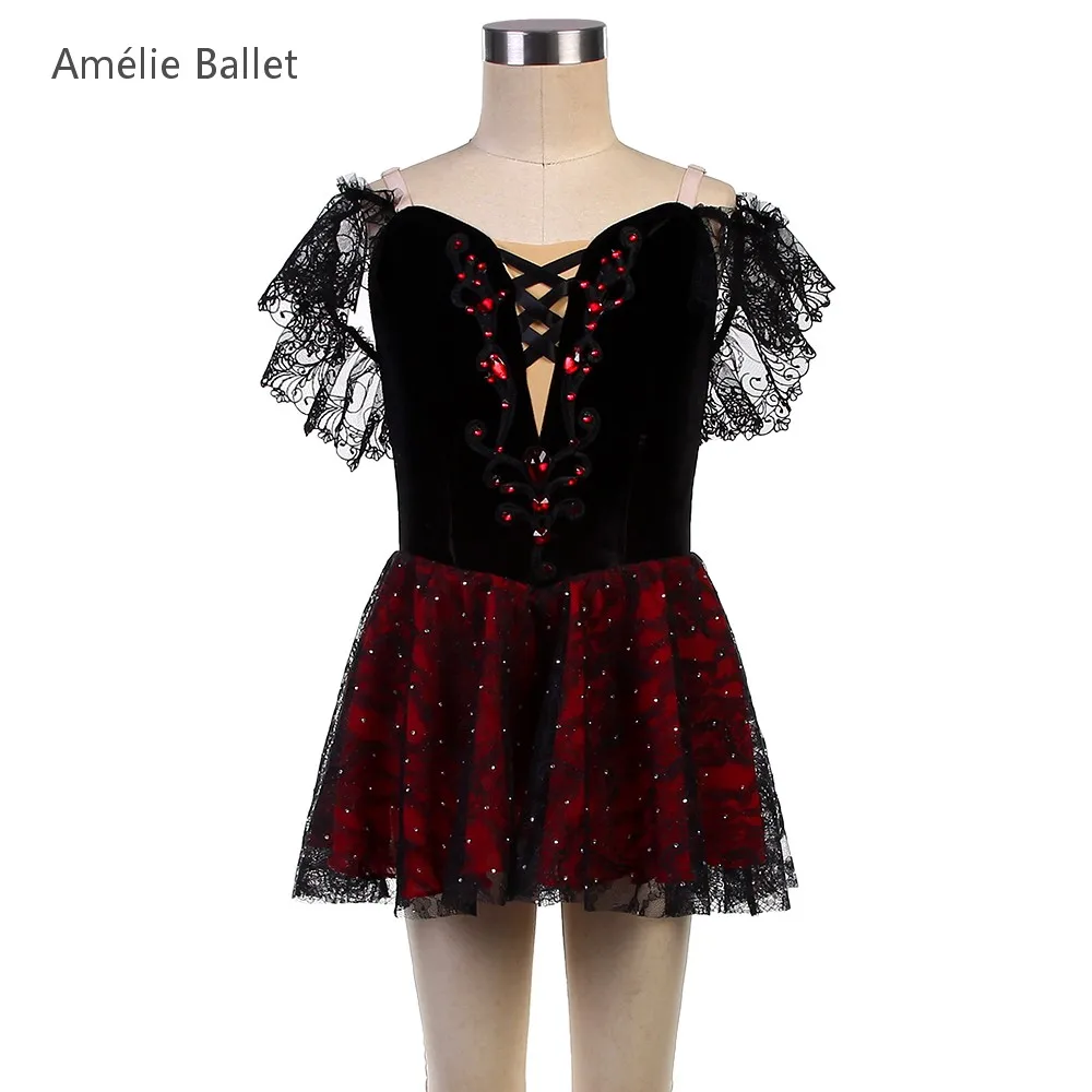 

Новый балетный костюм 25142: черное бархатное балетное платье с открытыми плечами для сценических выступлений, сольных номеров и конкурсов (стиль Кармен)