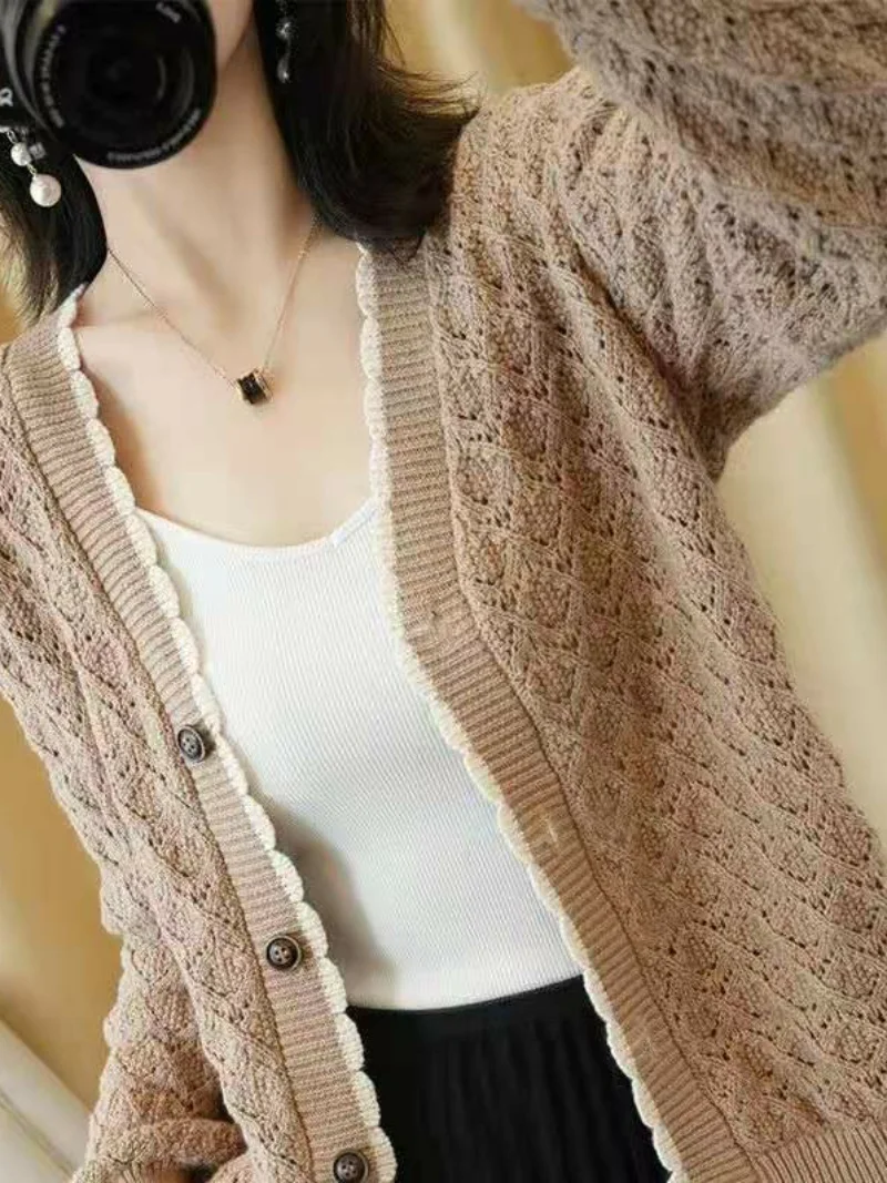 

Spring Autumn New Style Loose Thin Knitted Hollow out Cardigan Women's Long Sleeve Sweater Outerwear Top New Fashion