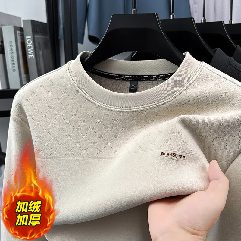 

Новинка 2025 года, зимняя мужская толстовка с утолщенным флисом и теплая флисовая базовая рубашка с круглым вырезом, модный мужской топ