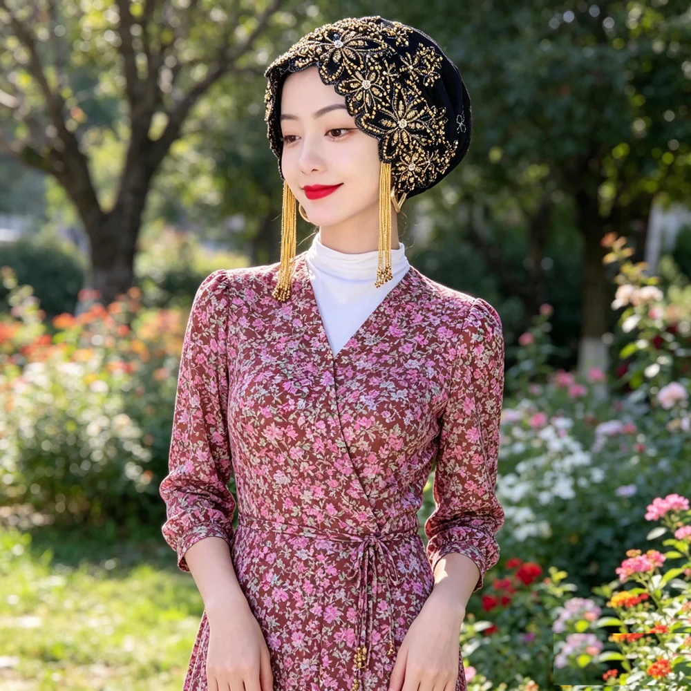 

Soft Mesh Lace Beaded Tassel Hijab Bonnet Cap For Women Hair Loss Islamic Wedding Party Daily Decor Embroidery Head Wrap Hat