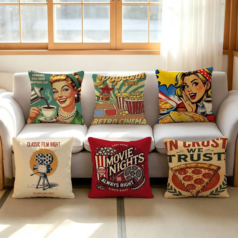 Coffee, Pizza, Retro Cinema, and Café-Themed Cushion Cover Decorative Pillow Sofa Home Decor Case Pillow Cases