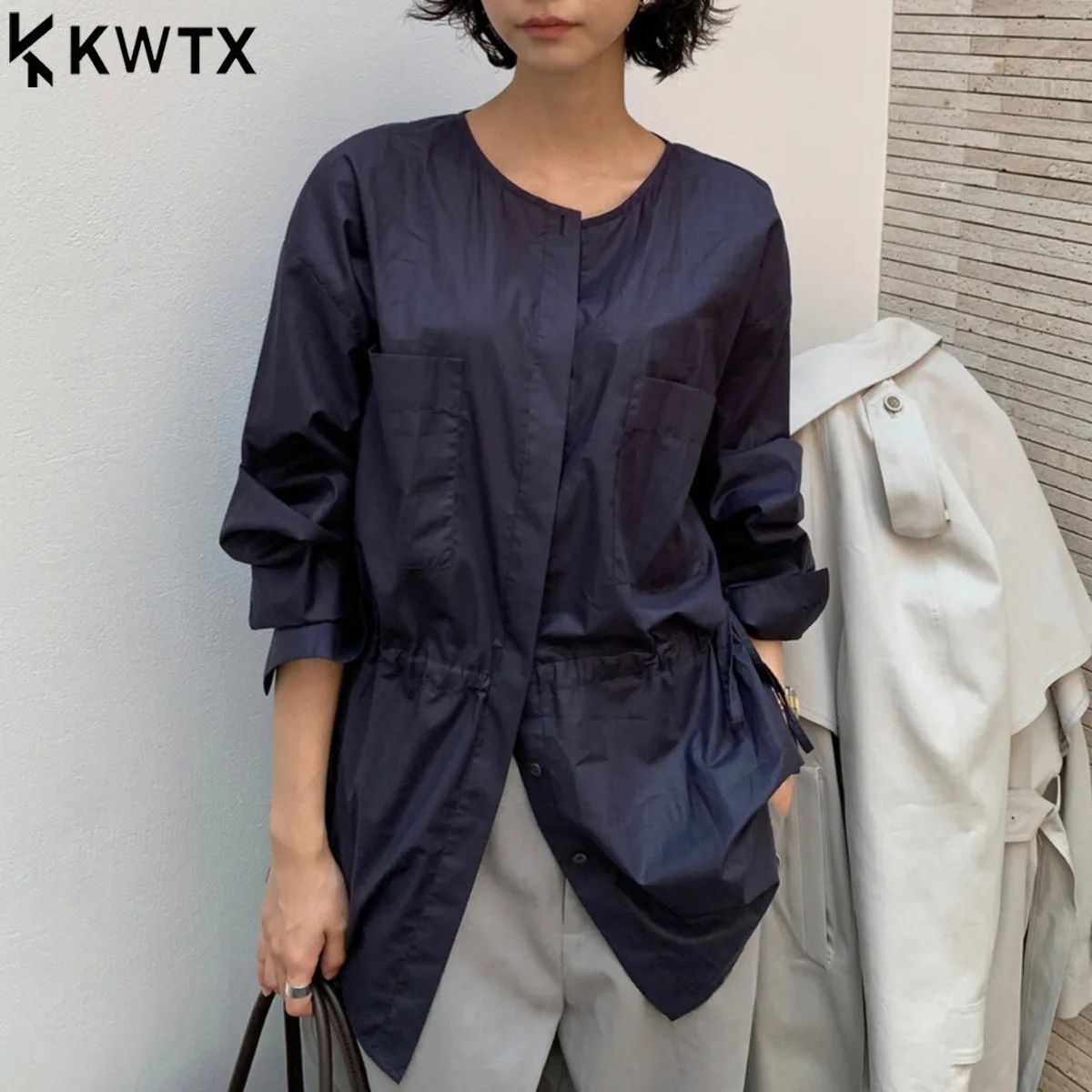 

KWTX женская элегантная повседневная блузка с длинными рукавами, однотонная, с круглым вырезом, на шнурке, на талии, облегающая посадка, шикарная, весна-лето, удобная