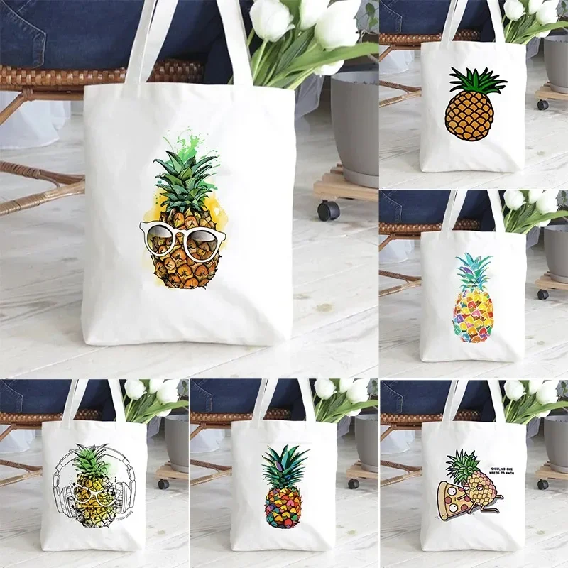 Fashion White Totes Canvas Book Bag Women Cute Pineapple Music Print Eco Reusable Shopping Bag Travel Storage Bag Students Gift