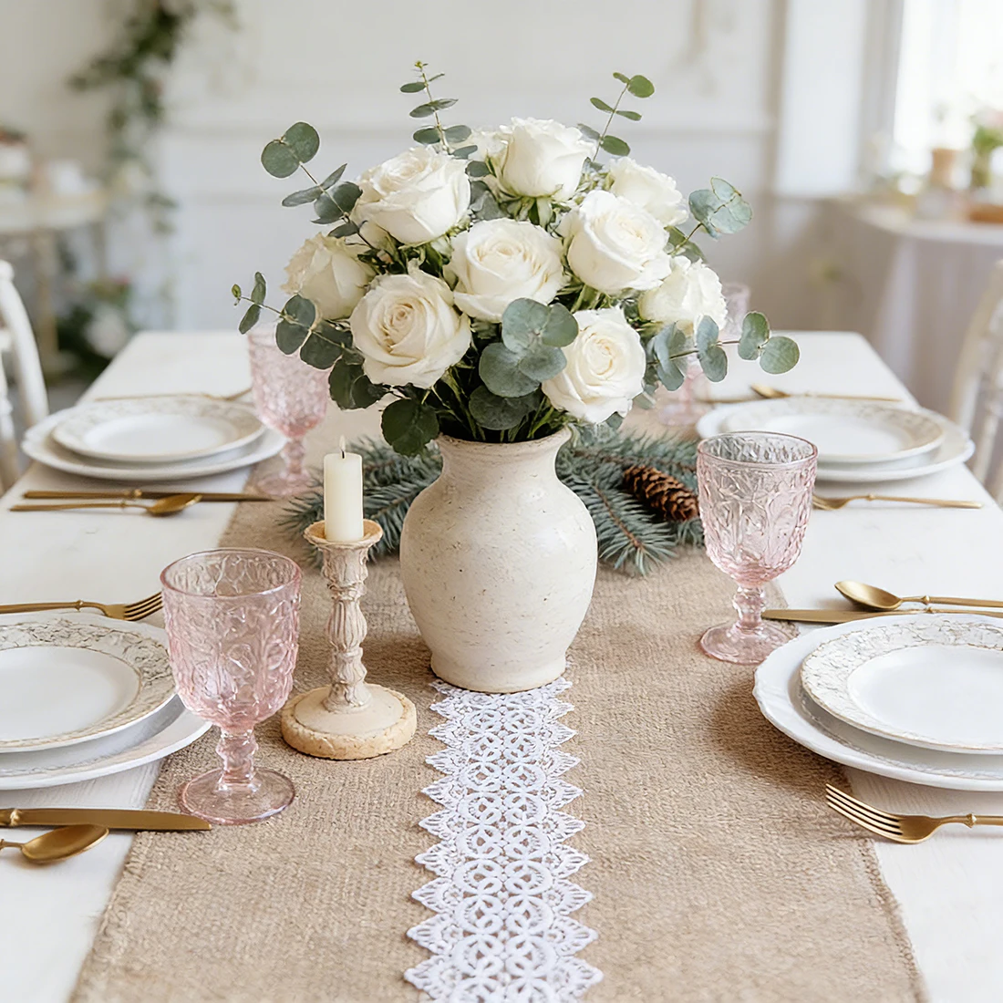 White Lace-edge Linen Table Runner For Wedding Party Table Decor Coarse Linen Tablecloth Home Decoration