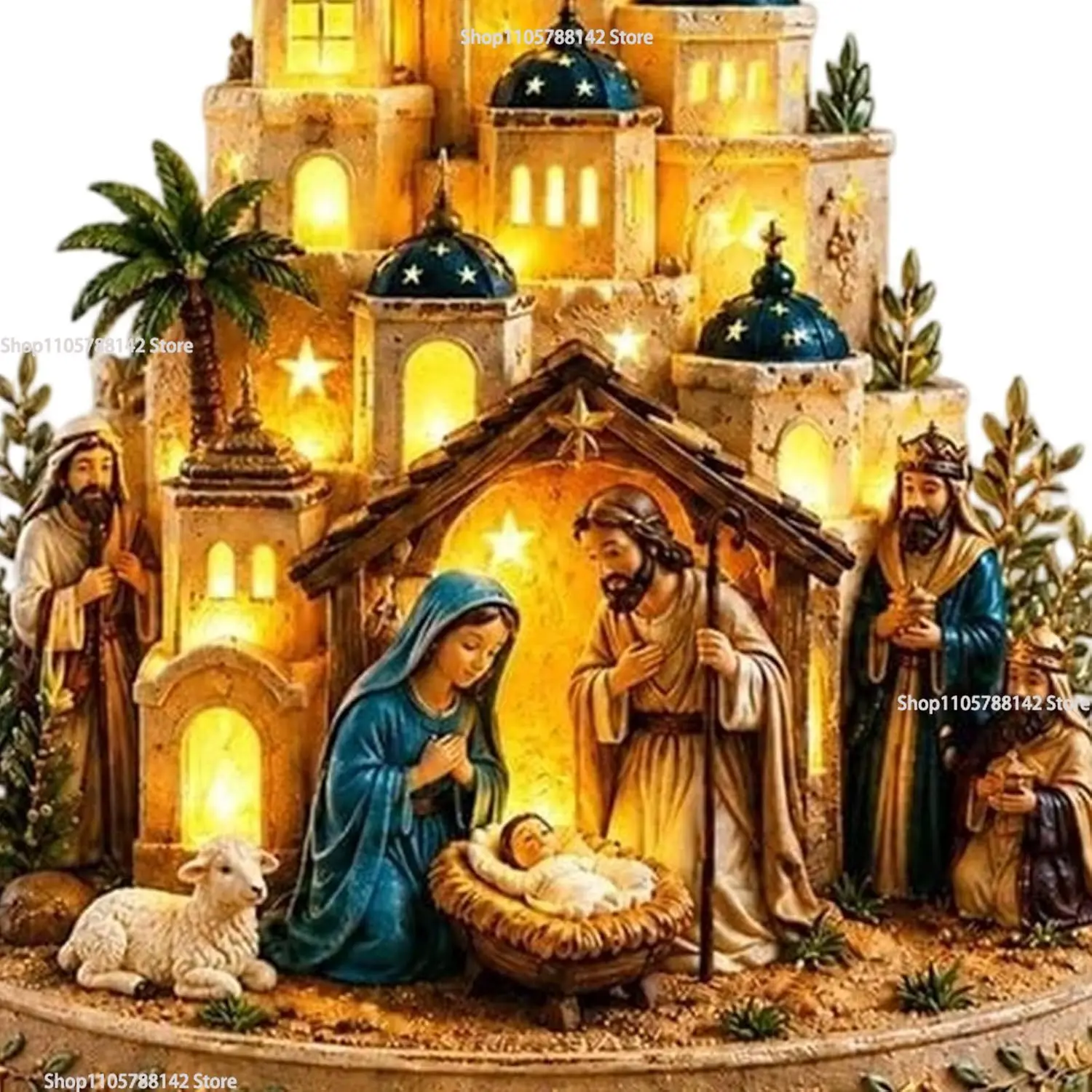 Bethlehem Nativity Church Light Tower Figurine Warm LED Christmas Decor Light‑Up Holy Family Manger Scene Figurine
