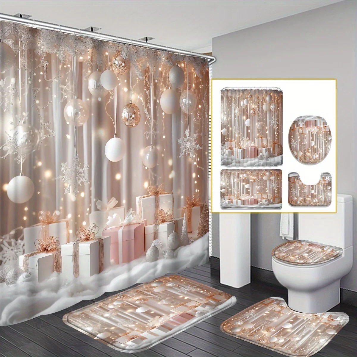 4Pcs Xmas Pink Bath Set, Elegant Holiday Scene Curtain, 12 Hooks, Non-Slip Mat, U-Shaped Toilet Cover, Perfect Xmas Gift