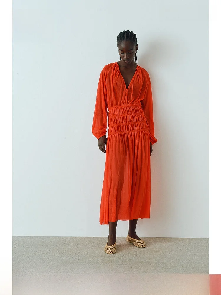 

Red Hollow out Lantern Sve Dr New Year's Robe A-Line Long Skirt Waist Pleated Casual Sle Polyester Fiber round Ne