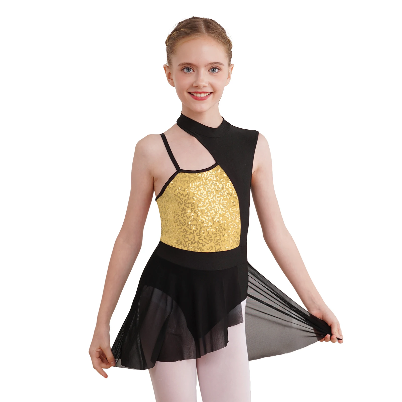 Kids Girls Ballet Dance Costume Sequins Mesh Contemporary Lyrical Dance Dress Leotards Tutu Skirt Modern Performance Dancewear