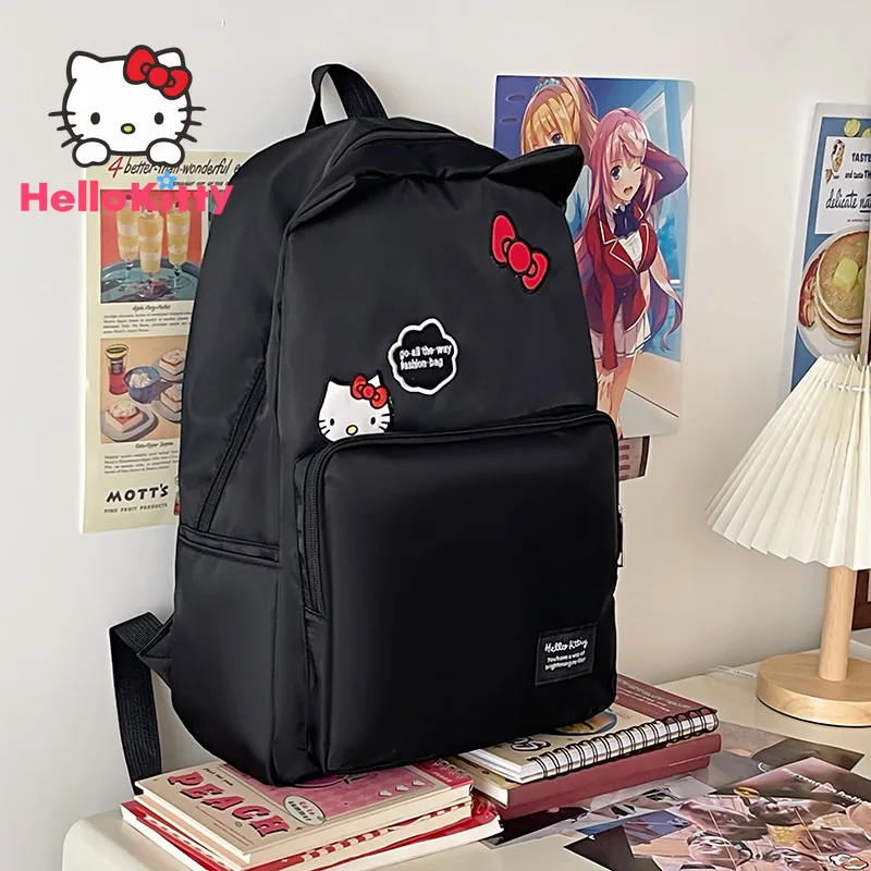 Kawaii Sanrio Hello Kitty sac à dos mignon Anime noir brodé cartable sacs pour femmes sac à bandoulière filles Harajuku collège cadeau