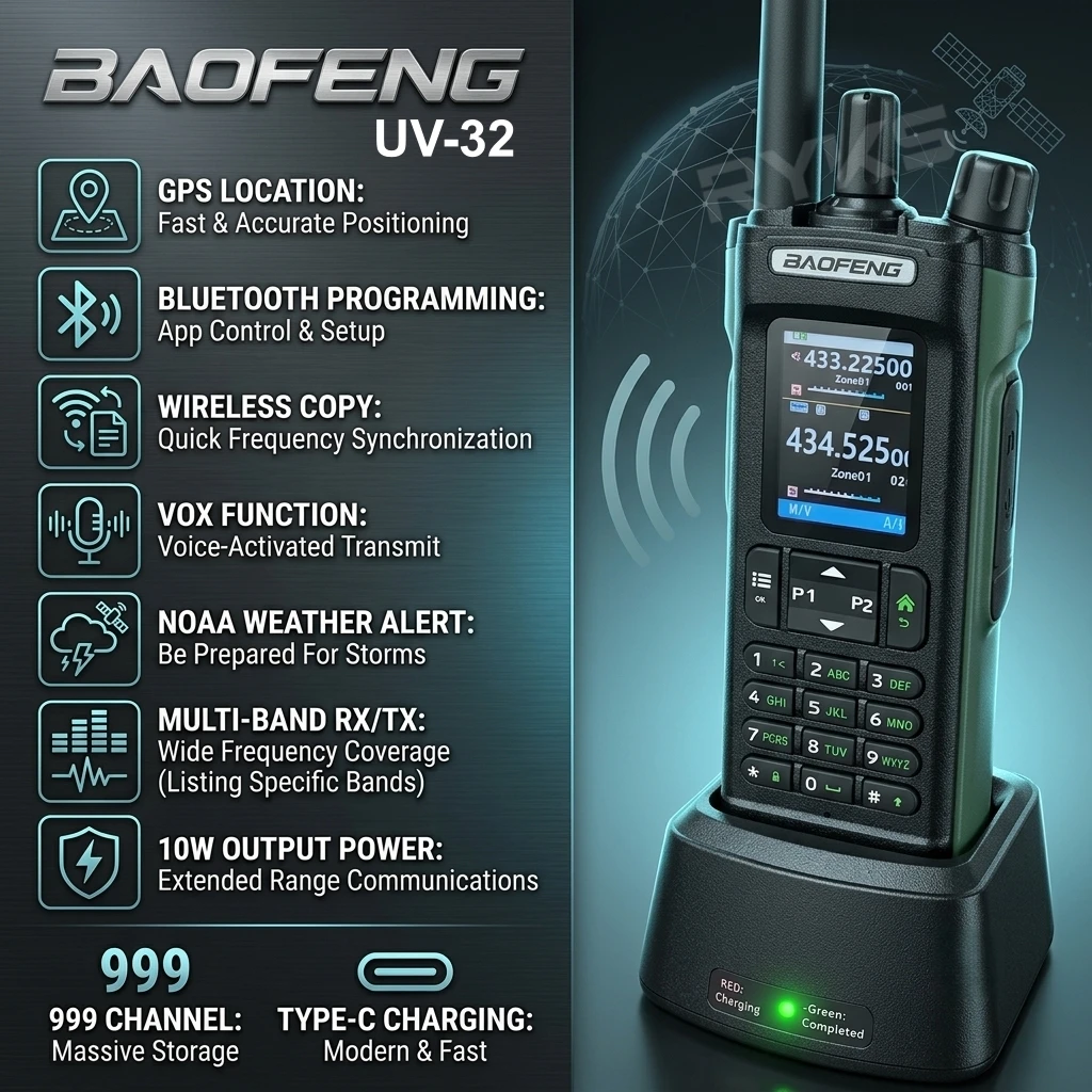 BAOFENG UV-32 GPS Walkie Talkie 10W Multi Band Bluetooth Programming Wireless Copy Frequency NOAA Long Range Ham Two Way Radio