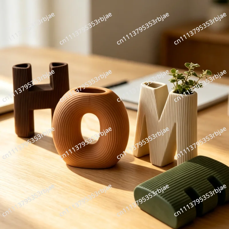 Creative HOME Letter Ceramic Vase Set, Modern Striped Flower Pot for Living Room & Table Decor, Nordic Style Home Ornament