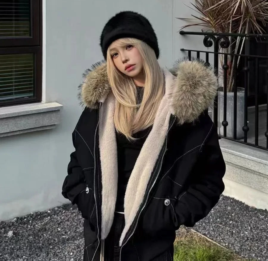 

American Retro Fur Collar Thiened Hooded Cotton Design ort Sle Cotton Coat for Small Figures in Campus