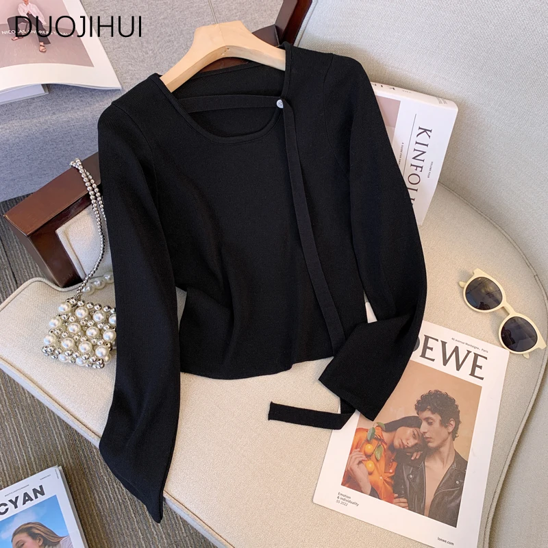 DUOJIHUI Chic Button Soft Warm Knitted Sweater Women Pullovers Autumn New Basic Long Sleeve Solid Color Simple Female Pullovers