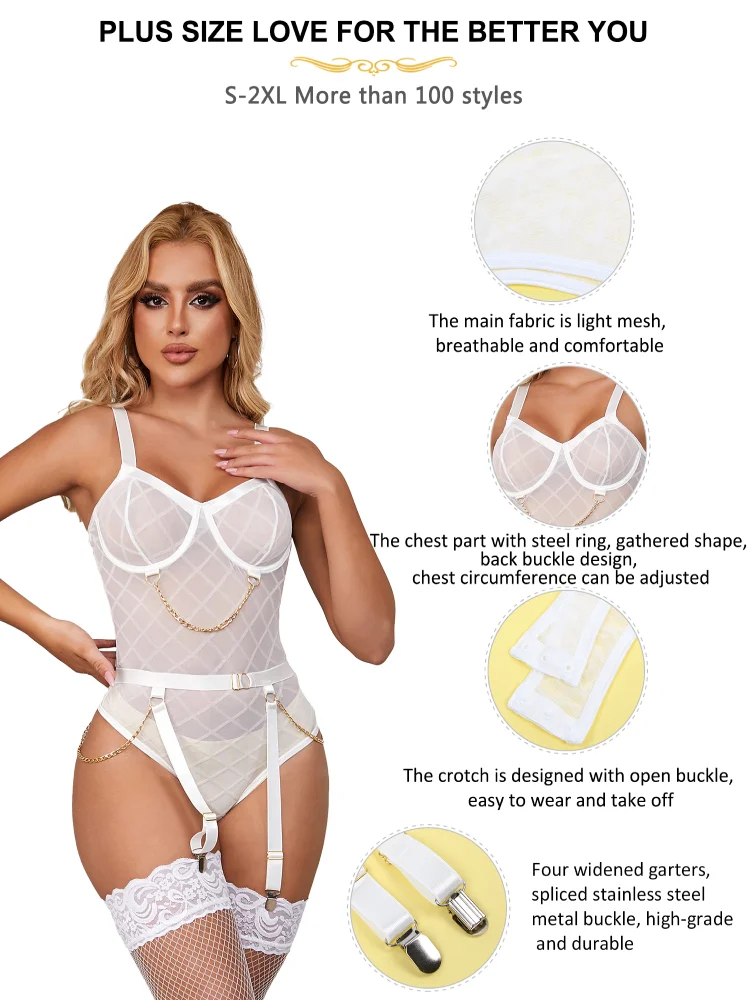 Comeondear Transparent Sexy Leotard Garter Belts Bodysuits Oversized Chain Lingerie Rompers Mesh Tights Teddy Elastic Jumpsuits