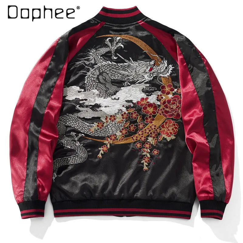 

Japanese Sukajan Dragon Embroidered Satin Bomber Jacket Men Satin Varsity Bomber Jacket Streetwear and Retro Fashion Coat