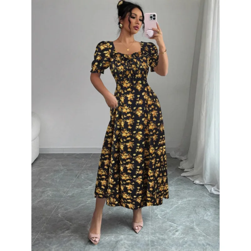 Moroder 2025 Letnia Nowa Kolekcja Damska Moda Europejska i Amerykańska Sukienka Szyfonowa z Dekoltem w Serek, Krótkimi Rękawami, Nadrukiem i Rozkloszowanym Dołem