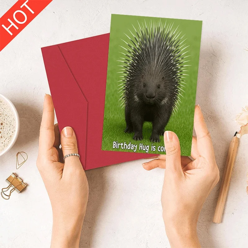 

Funny Porcupine Birthday Greeting Card, Humorous "Birthday Hug is Coming" Animal Theme Birthday Card for Friends Family