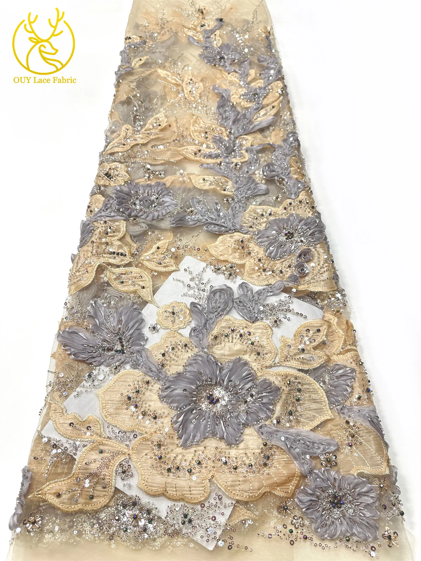 Marineblauer, wunderschöner afrikanischer Spitzenstoff mit Perlen und Pailletten, 3D-Blume, nigerianischer hochwertiger Tüll-Mesh-Spitzenstoff für Ballkleider, 5Y – Detail 26