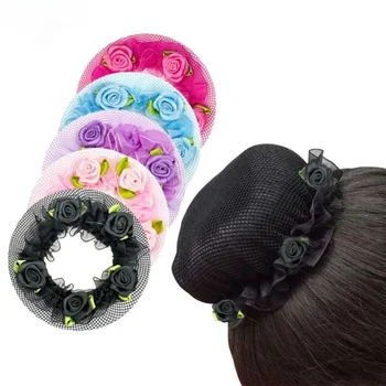 Copricapo per panino da donna e ragazza, retina per capelli, retina per capelli, balletto latino, danza, accessori per snood all'uncinetto con fiore