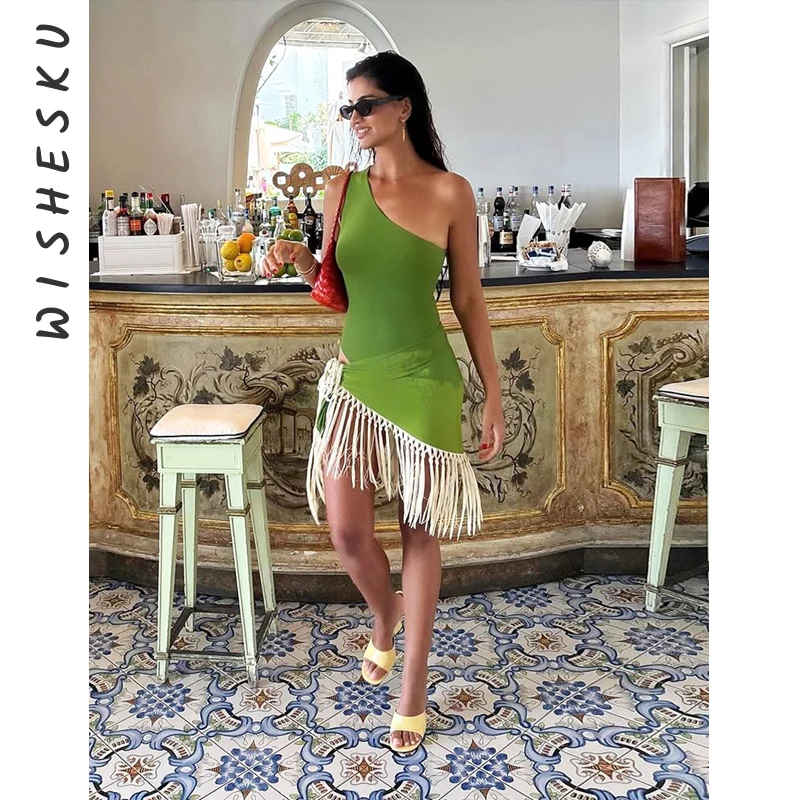 セクシーな斜め肩ノースリーブボディコンミニドレス レディース バンテージタッセル ラッシャードサンドレス 2025 夏の夜 プロム Y2K服