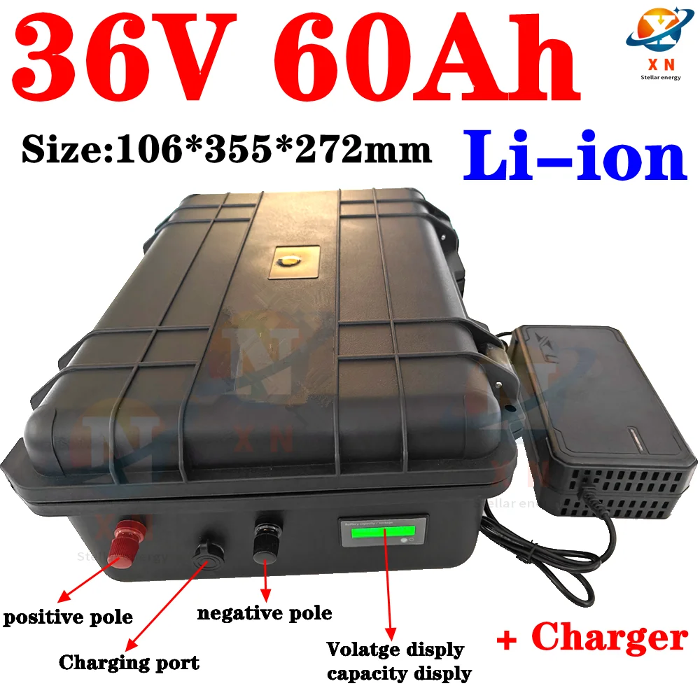 waterproof 36v 60ah lithium ion battery BMS li ion for 2000w 1500w Bike scooter boat EV Tricycle inverter +5A charger